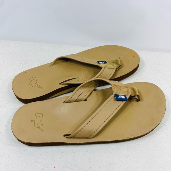 Vineyard Vines Mens Flip Flops Sandals Mustard Leather Size 8 Whale Logo - Picture 3 of 6